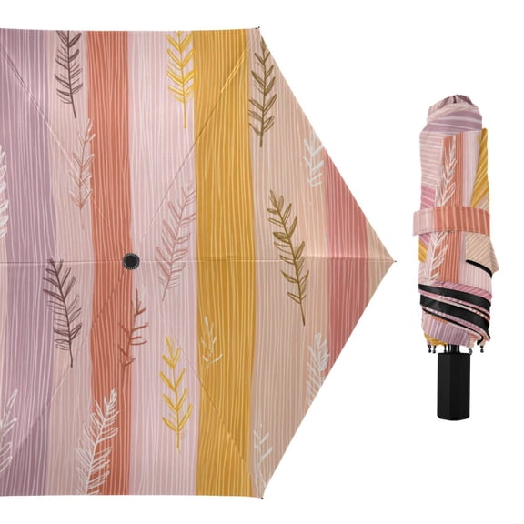 Mixture Colored Stripes with Leaves All Weather Umbrella Triple Folding Parasol 6 Ribs UV Protection Portable