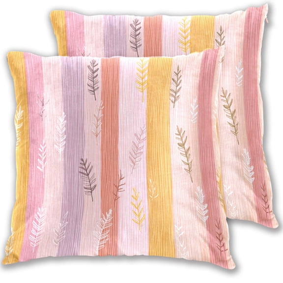 Mixture Colored Stripes with Leaves Throw Pillow Covers Pillowcases 18 x 18 Inch Home Decor 2 Packs for Bedroom Sofa