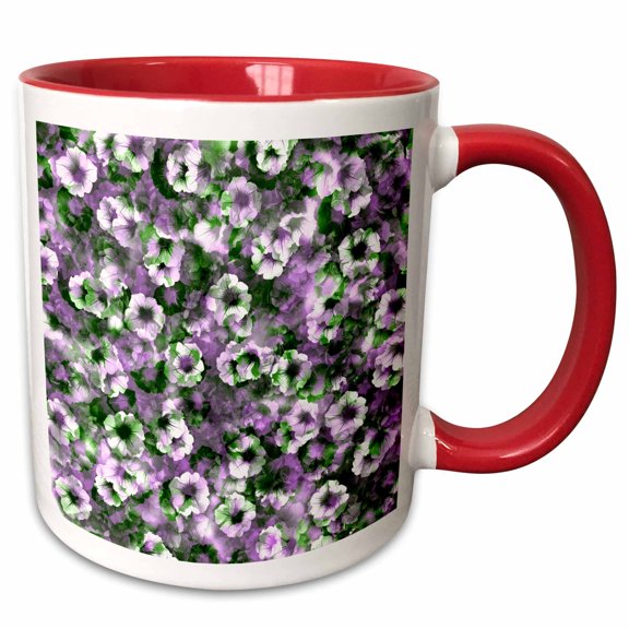 3drose, Mixture of Abstract Flowers and Leaves, Green, White and Purple Hues, 11oz Two-tone Red Mug