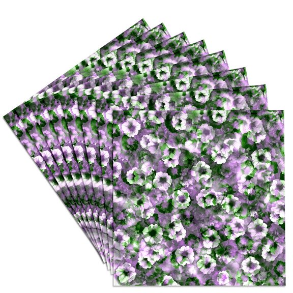 3drose, Mixture of Abstract Flowers and Leaves, Green, White and Purple Hues, Set of 8 Ceramic Tile Coasters