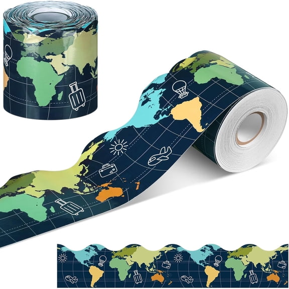 Mixweer 65 ft Let's Explore World Map Bulletin Board Borders Scalloped Rolled Border Trim Decorative Classroom Poster Chalkboard Decoration for School Office Home