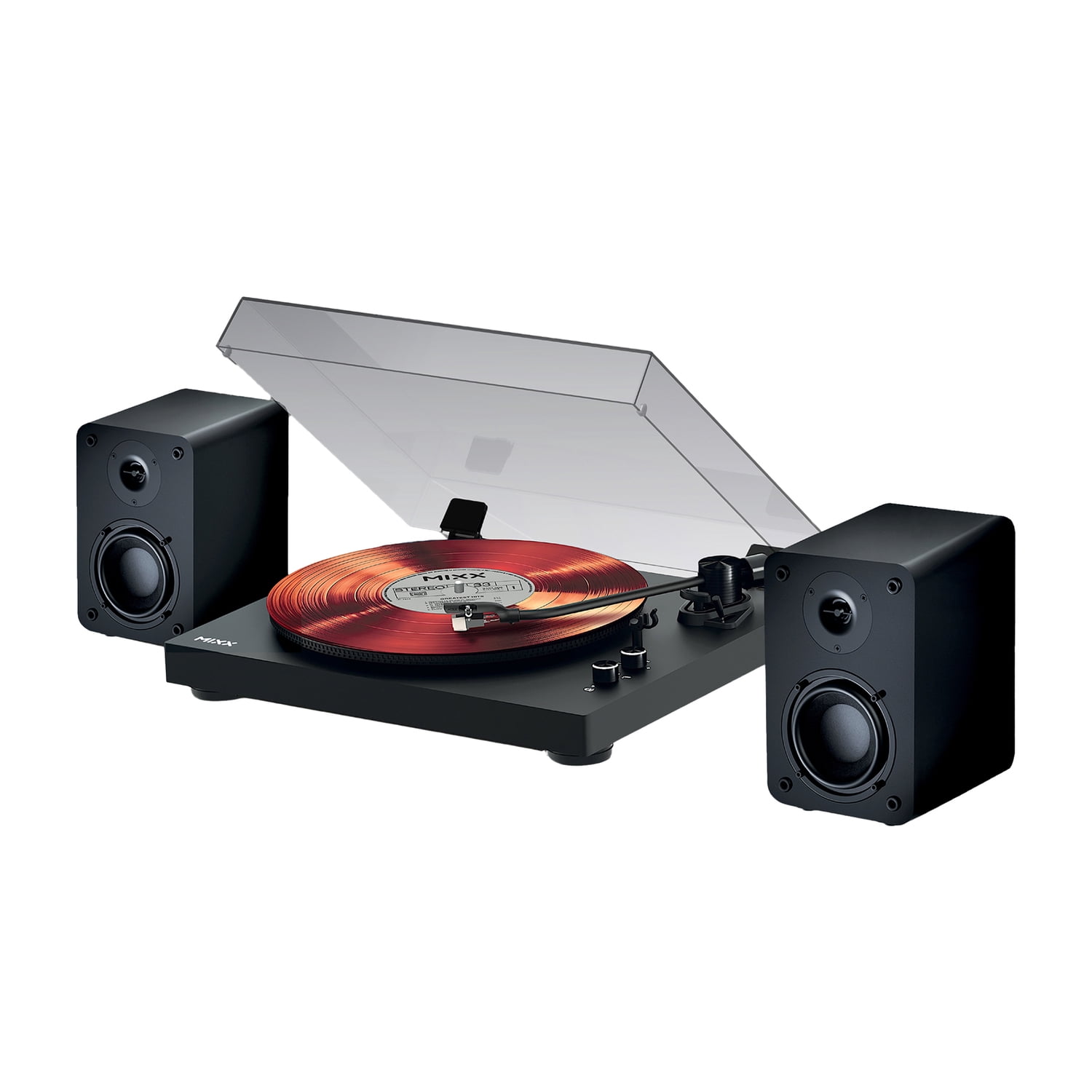 Mixx 50-Watt Analog 5 2-Speed Belt-Drive Manual Vinyl Record Player with External Wireless Speakers, Bluetooth, 45-RPM Adapter, and Speaker Remote