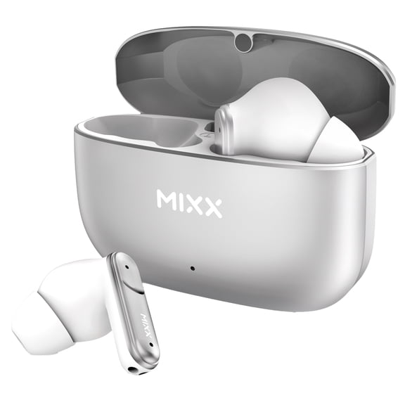 Mixx StreamBuds Custom 3 TWS Bluetooth In-Ear Earbuds with Mics and Charging Case, Clear Voice Technology, up to 24 Hours Play Time, Silver/White