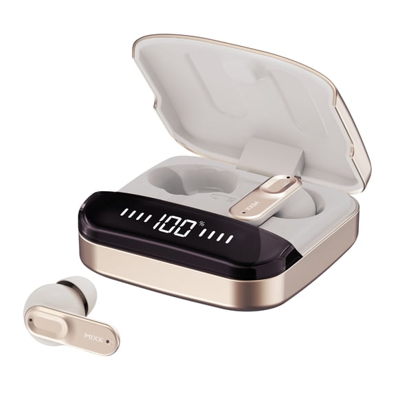 Mixx StreamBuds Ultra Mini TWS Bluetooth In-Ear Earbuds with Mic and Charging Case with LED, Clear Voice, up to 24 Hours Play Time , Champagne Gold
