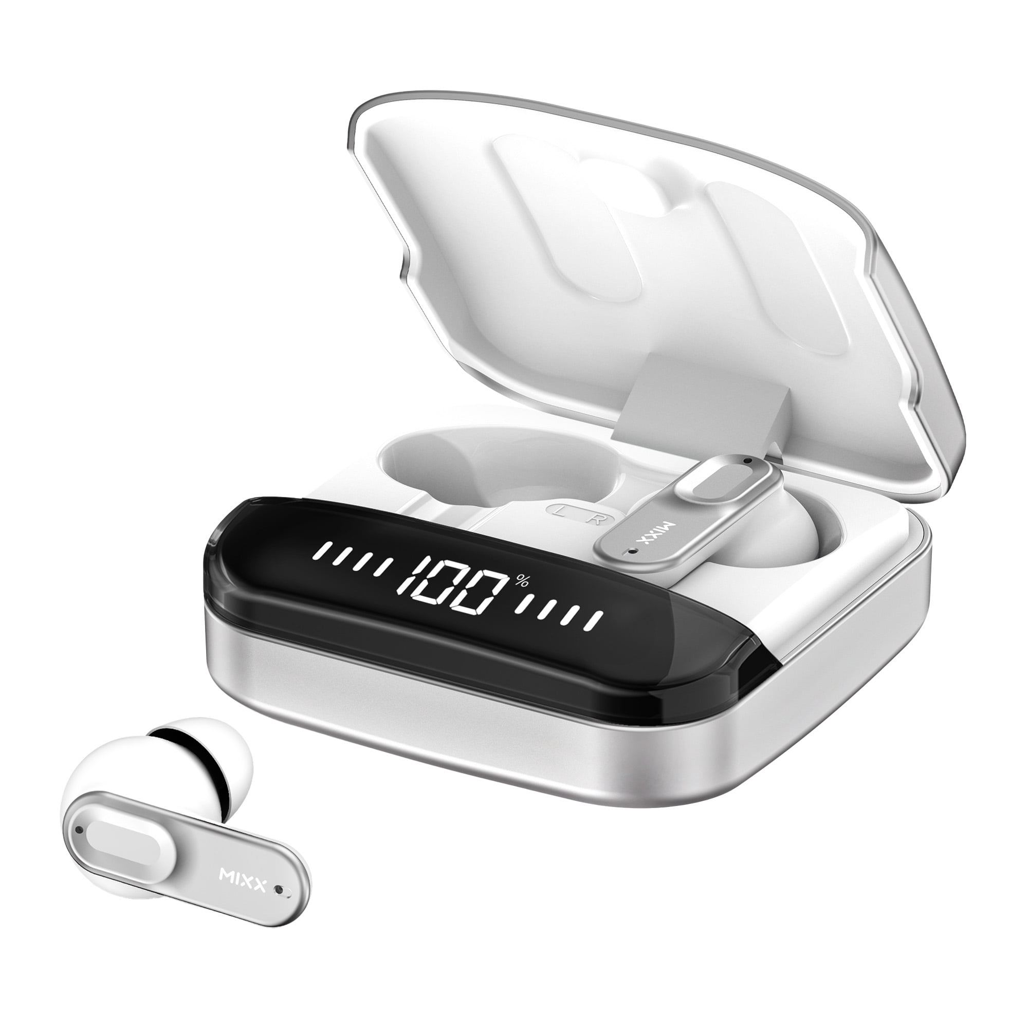 Mixx StreamBuds Ultra Mini TWS Bluetooth In-Ear Earbuds with Mic and Charging Case with LED, Clear Voice, up to 24 Hours Play Time , Silver/White