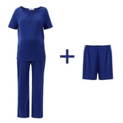Miyanuby 3 Pieces Maternity Nursing Pajamas Set Short Sleeve Breastfeeding Shirts with Built in Bra, Pregnancy Shorts & Pants 3 Piece Nursing Sleepwear Pjs Clothes Set for Women, S-3XL