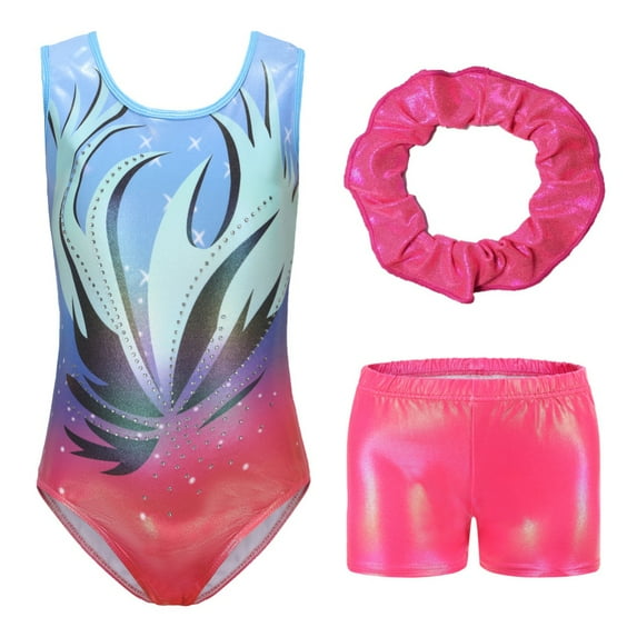 Miyanuby 3pcs Shiny Diamond Gymnastics Leotards for Girls with Matching Shorts and Hairring 5-12Y