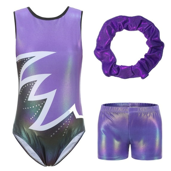 Miyanuby 3pcs Shiny Diamond Gymnastics Leotards for Girls with Matching Shorts and Hairring 5-12Y