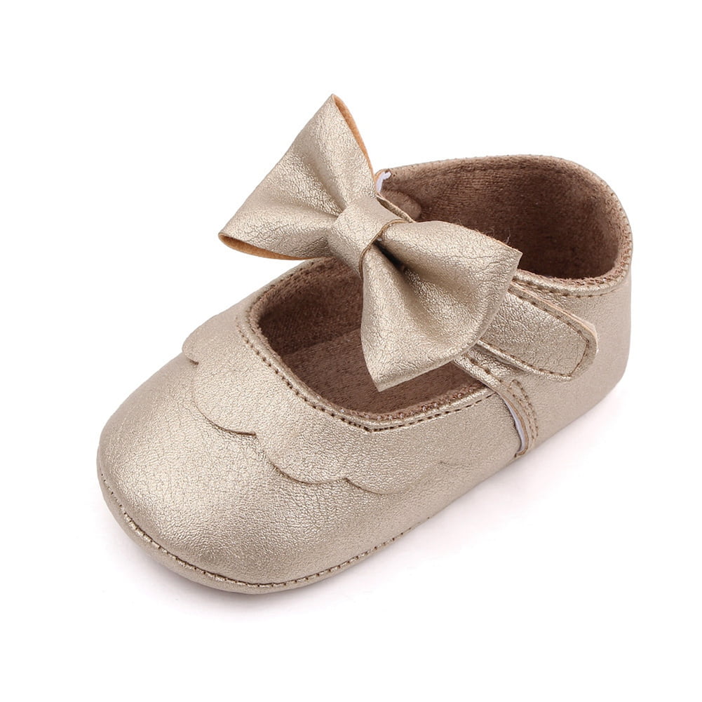 Miyanuby Baby Girls Bowknot Mary Jane Flats Wedding Princess Dress Rubber  Sole PU Leather Infant Toddler First Walking Shoes Gold 0-18M 