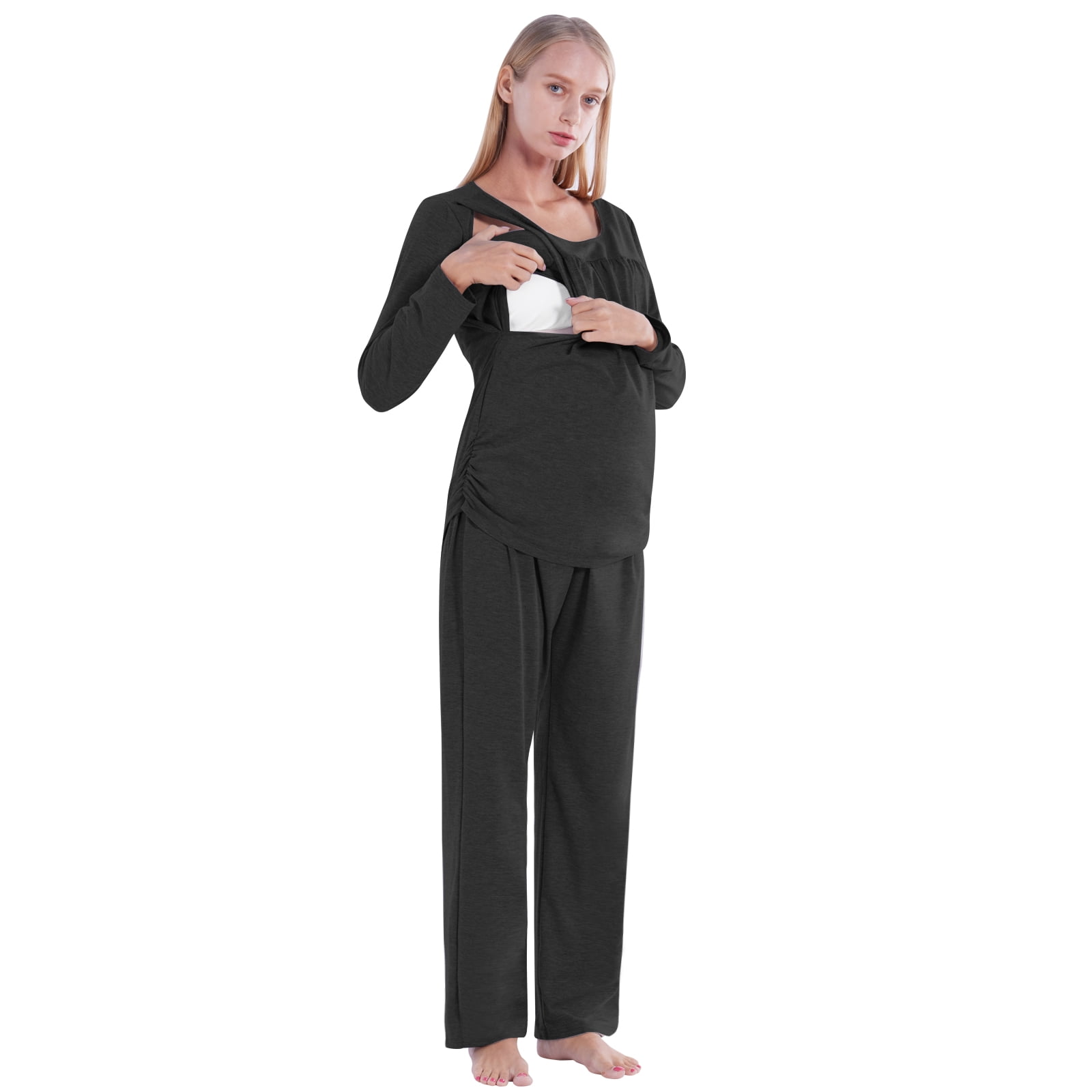 Miyanuby Maternity Nursing Pajama Sets Long Sleeve Breastfeeding Sleepwear  Set Side Open Ruched Top with Built-in Bra & Pants Pregnancy Lounge PJS