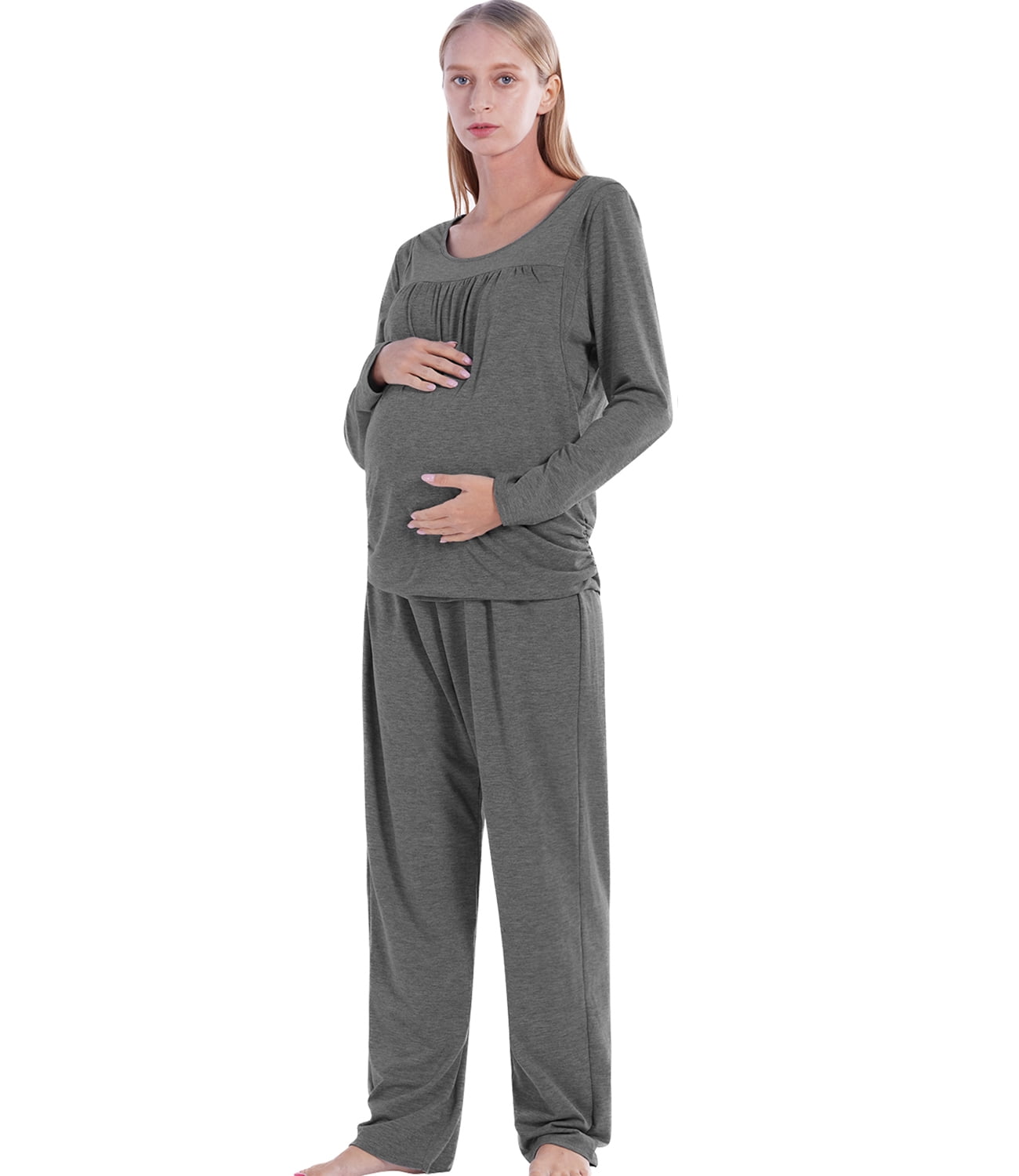 Miyanuby Maternity Nursing Pajama Sets Long Sleeve Breastfeeding Sleepwear  Set Side Open Ruched Top with Built-in Bra & Pants Pregnancy Lounge PJS,  S-3XL 