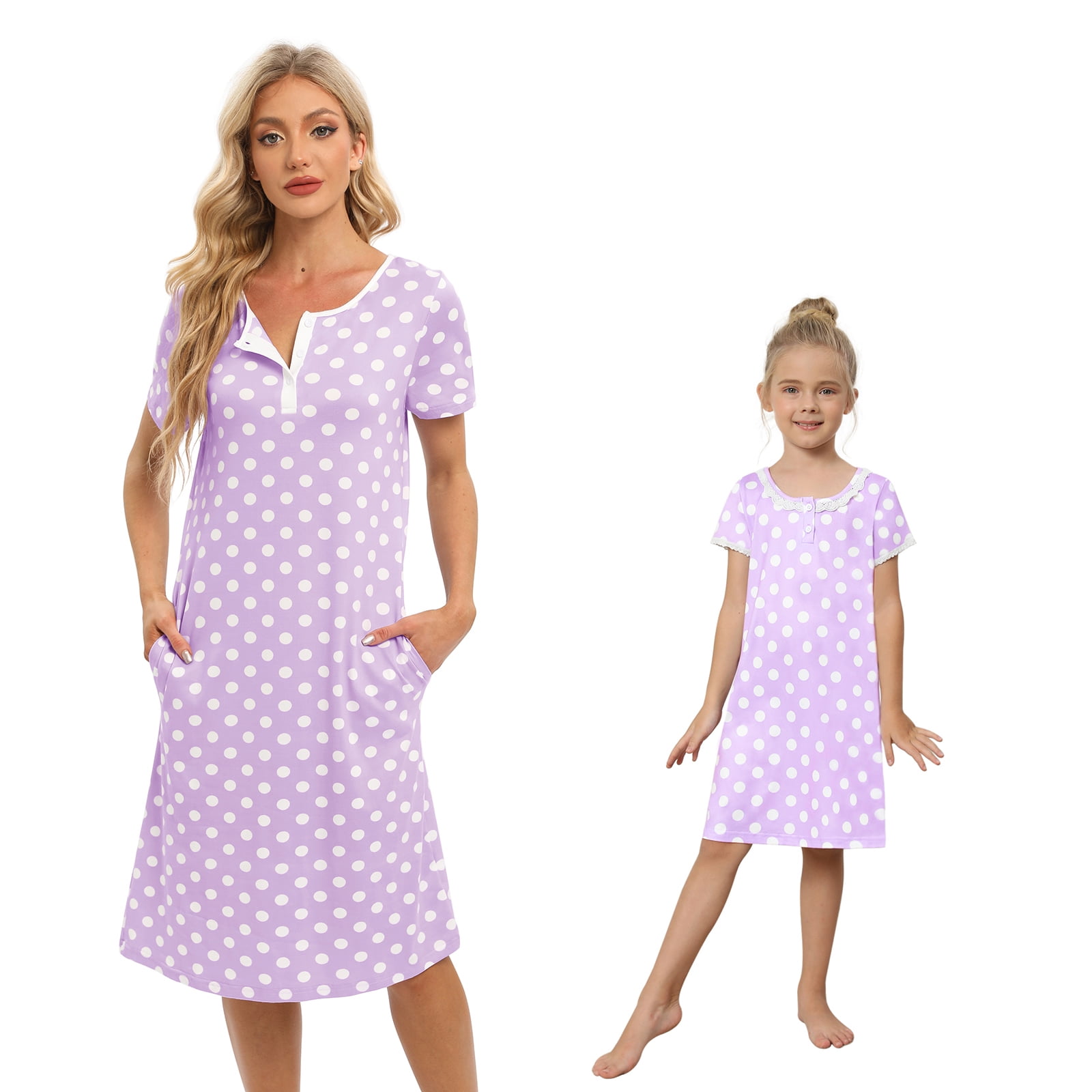 Miyanuby Mommy and Me Nightshirt Matvhing Nightgowns for Women Girls Short  Sleeve Polka Dot Sleep Dress Sleepwear