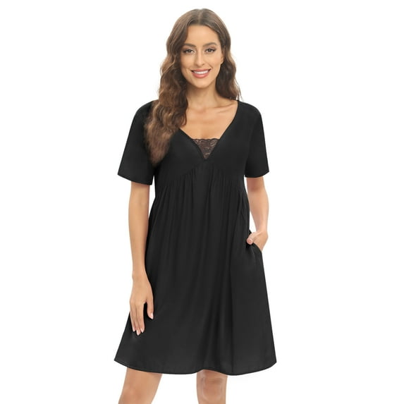 Miyanuby Nightgown for Women Sleepwear Short Sleeve Nightdress Lace Trim V Neck Nightgowns Soft Nightshirt Black S-2XL
