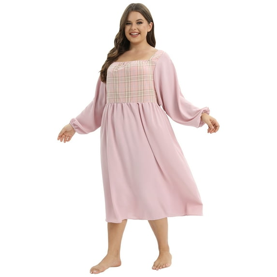 Miyanuby Plus Size House Dress for Women Long Sleeve Square Neck Nightgowns Sleepwear Plaid Patchwork Patio Lounge Dress Oversized Loungewear Nightdress, XL-4XL