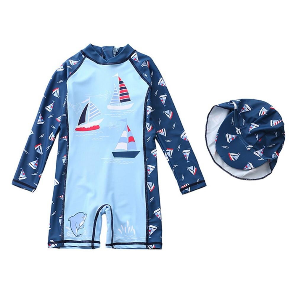 Miyanuby Toddler Baby Boys Shark One-Piece Zipper Swimsuit Bathing Suit  Rash Guard Shirt with Hat Surfing Swim Costume, E, 18-24 months 