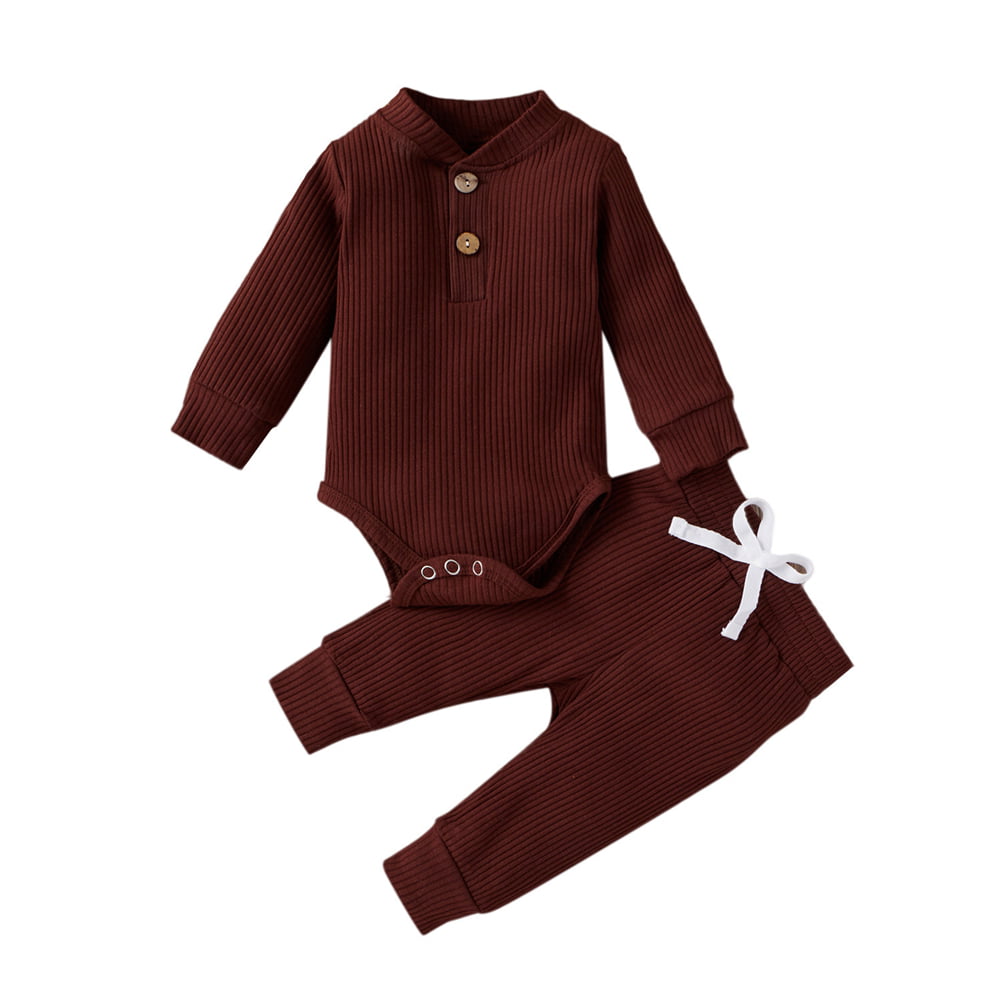 Miyanuby Winter Newborn Baby Boy Girl Clothes Set Ribbed Outfits Unisex  Infant Solid Long Sleeve Tops Pants 2PCS Dark Green 0-18M 