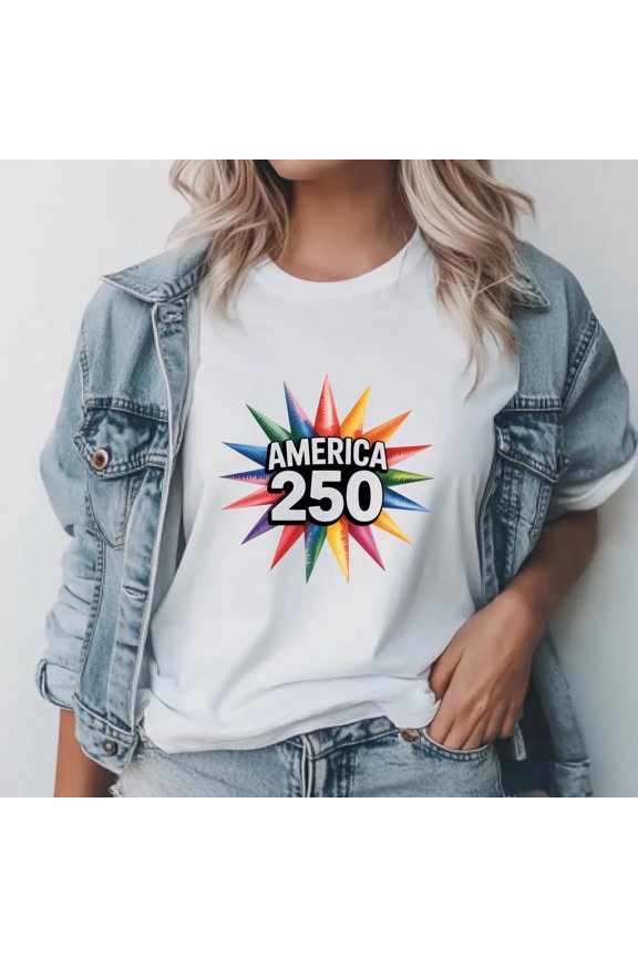 America 250 T-Shirt – Rainbow Starburst Graphic Tee for USA Anniversary, Unisex Casual Shirt