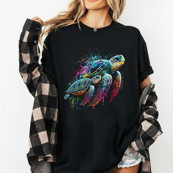 MiyazakiLy Colorful Sea Turtle T Shirt Ocean Lover Graphic Tee Artistic Watercolor Splash Design Beachwear Gift for Men and Women