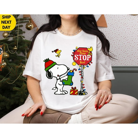 MiyazakiLy Dear Santa Please Stop Here Shirt,Snoopy Style Christmas Tee,Funny Holiday Gift tee for Her,Him, Christmas Cartoont,Holiday Gift Idea