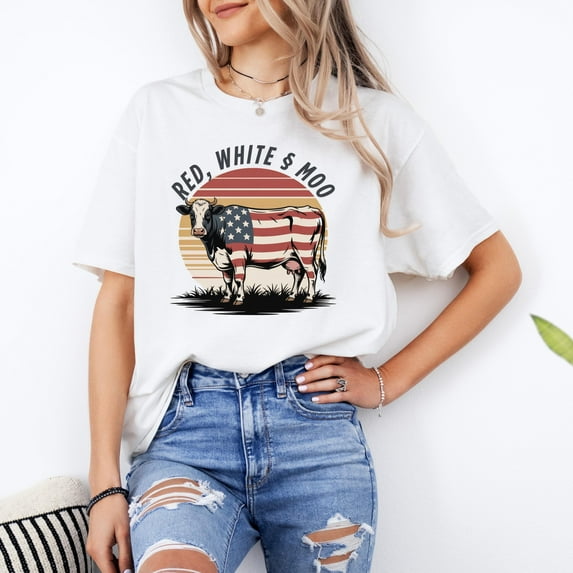MiyazakiLy Red White and Moo Shirt – Funny 4th of July Cow T-Shirt – Farm Animal Tee – Independence Day Humor Shirt – Country USA Gift
