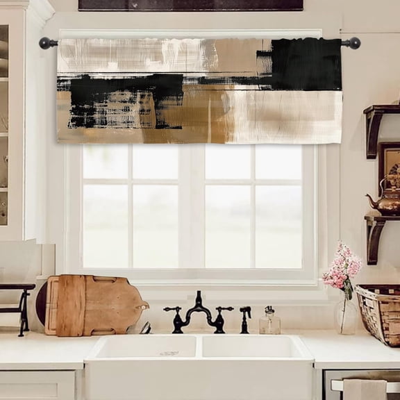 Miyotaa Abstract Brushstroke Art Kitchen Curtain Valance 54W x 18H Rod Pocket Modern Contemporary Black Tan Neutral Window Treatment for Living Room Bedroom Bathroom