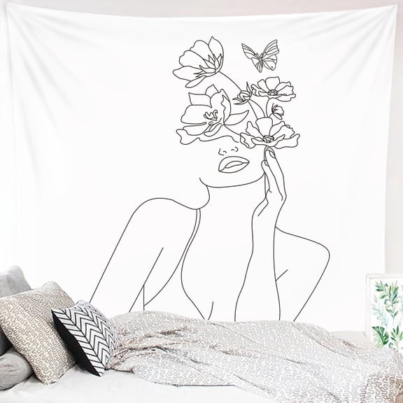 Miytal Art Line Aesthetic Tapestry, Simple Women with Flower Butterfly Wall Hanging, Modern Minimalist Abstract Creative Sketch Wall Dcor for Dorm Bedroom Living Room 59.1" x 80"