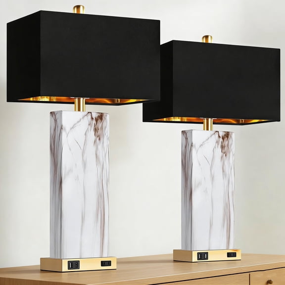 Miyttrdlx Faux Marble Gold Black Rectangular Shade Nightstand Lamp - Set of 2 Modern Table Lamps for Living Room, Black and Gold Lamps Set of 2 with USB C+A