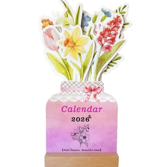 Miyuadkai Up to 65% Off! [Bloomy Flowers Desk Calendar], Desk Calendar 2026 New Standing Desktop Calendar with Wooden Base Decorative Monthly Planner (1Pcs), 1 Set of Flower Calendars