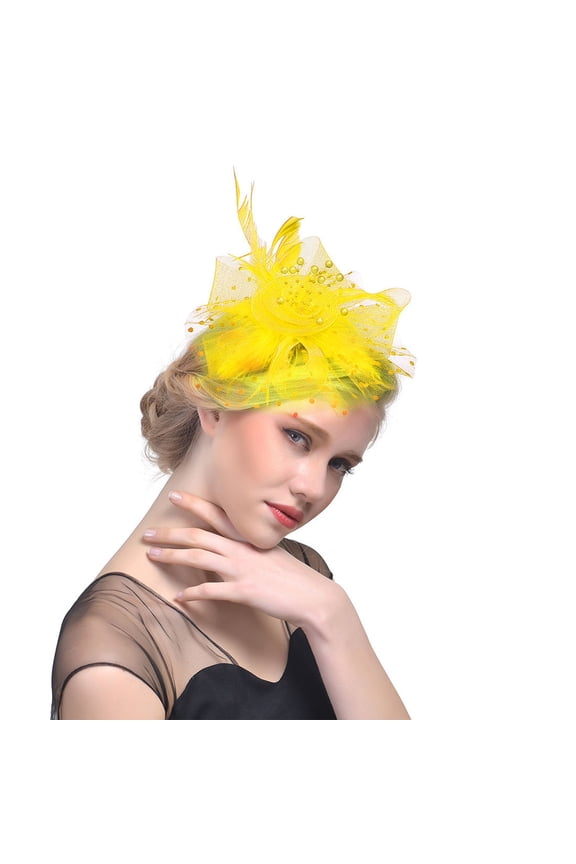 Caps Hat For Women Tea Party Headband Wedding Flower tail Mesh Feathers Hair Clip Accessory Yellow