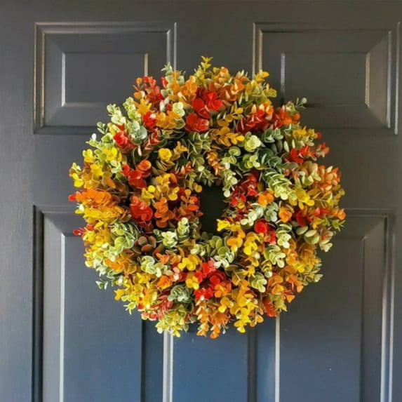 Miyuadkai Claerance! 14-Inch Artificial Fall Wreath - Thanksgiving Front Door Decoration with Small Pumpkins and Welcome Sign, Perfect for Farmhouse Decor