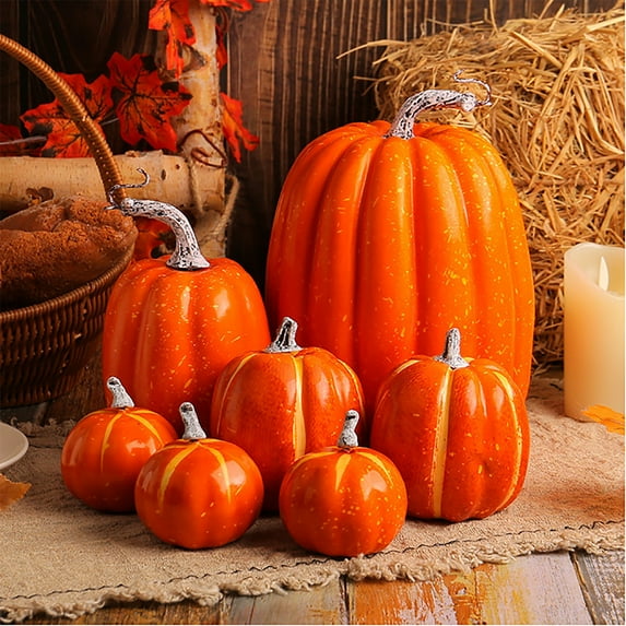 Miyuadkai Claerance! 7-Piece Thanksgiving Artificial Pumpkin Set - Orange Color Option, Perfect for Fall and Halloween Home Decorations