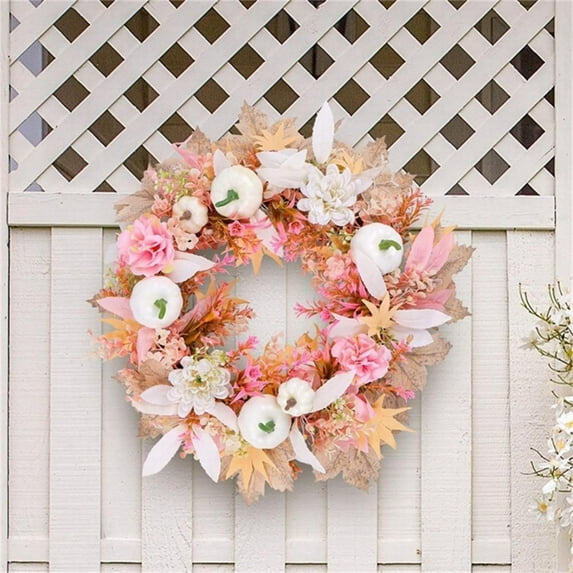 Miyuadkai Claerance! Artificial White Pumpkin Pink Wreath - 15.7-Inch Fall Front Door Decoration, Perfect for Outdoor, Porch, and Christmas Autumn Festival Decorations