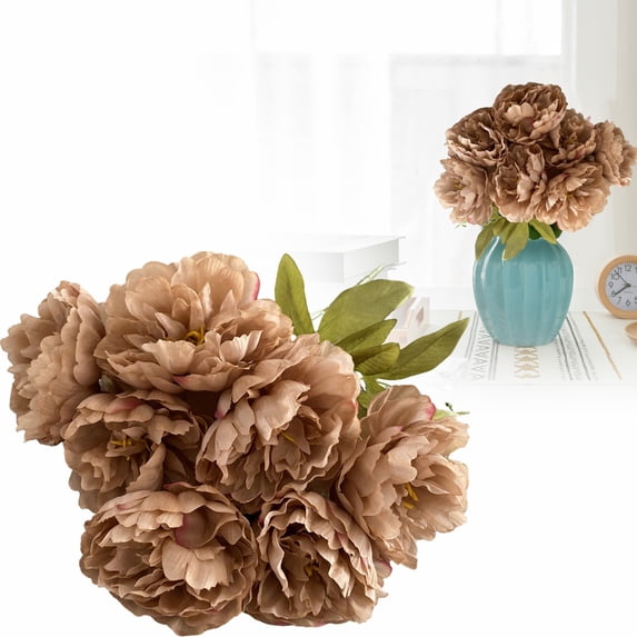 Miyuadkai Coffee Artificial Peony Silk Flowers, 7-Headed Bouquet for Wedding Home Decor Centerpieces, Faux Floral Arrangement for Vase Table, Long-Lasting