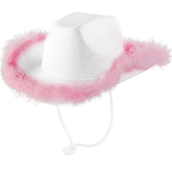 Miyuadkai Cowboy Hat With Feather Fluffy Feather Brim Adult Size Cowboy Hat With Feathers For Party Play Dress Up Outfits For Women Accessory White2