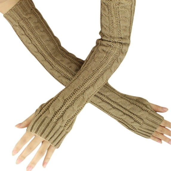 Miyuadkai Gloves Mittens Hemp Flowers Fingerless Knitted Long Gloves Accessory Khaki