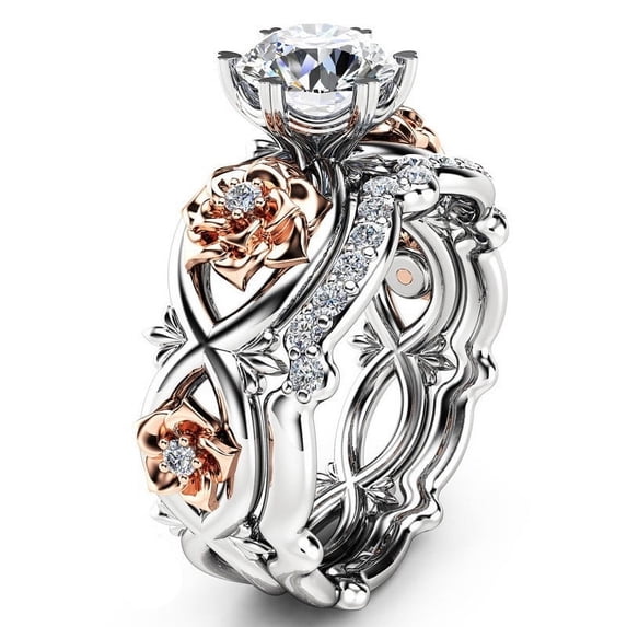 Miyuadkai Rings Set Engagement White Women Rose Wedding Silver Ring Floral Gold Filed Rings Jewelry B One Size
