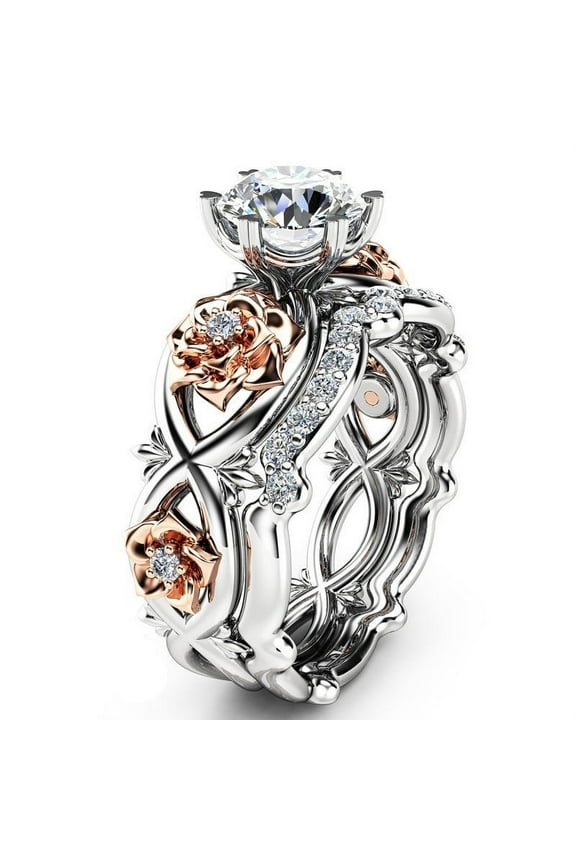 Rings Set Engagement White Women Rose Wedding Silver Ring Floral Gold Filed Rings Jewelry D One Size