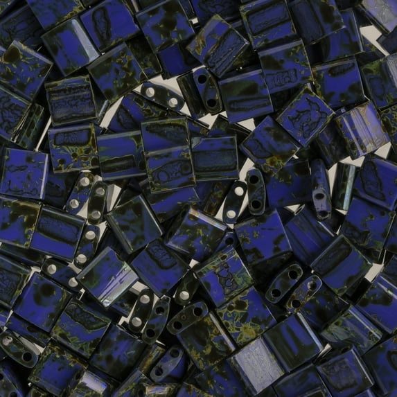 Miyuki 5x5mm TL-4518 Royal Blue with Turquiose Picasso Opaque Tila Glass Square Beads 50 Grams