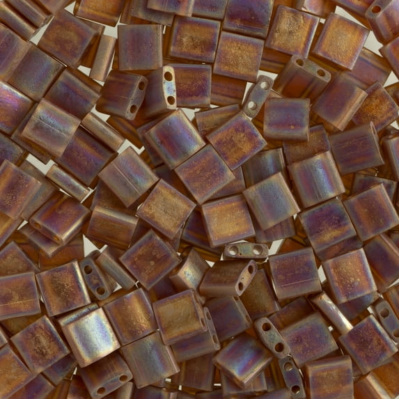 Miyuki Tila Beads 5x5mm (5.2g) 2-Hole Transparent Dark Amber Matte AB (TL0134FRV)