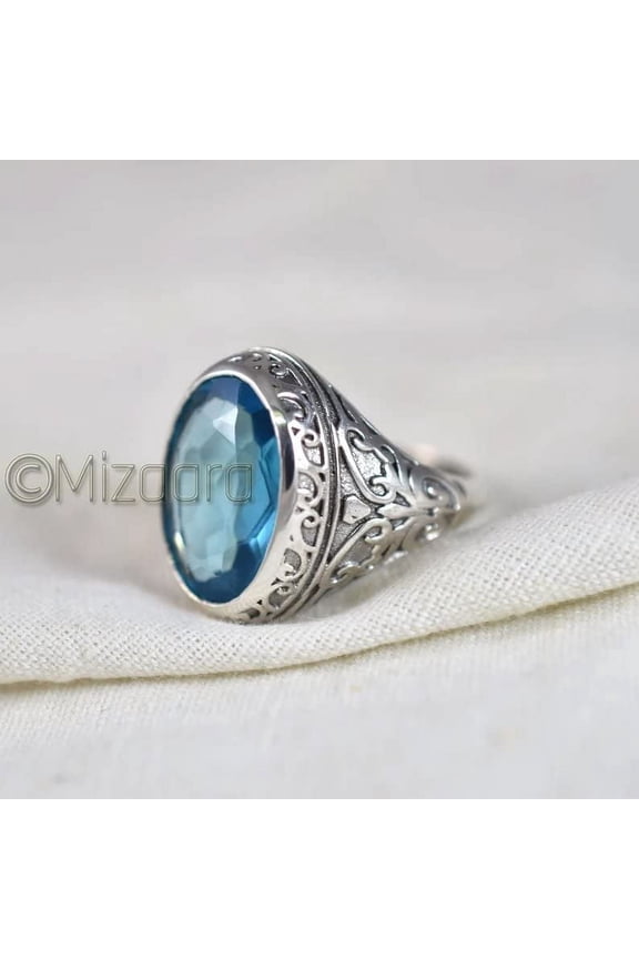 , Blue Topaz Mens Ring, Sterling Silver, Filigree Arabic Topaz Ring Signet Jewelry, Quartz Gemstone Man's Ring, Wedding Band Street Boys Gift