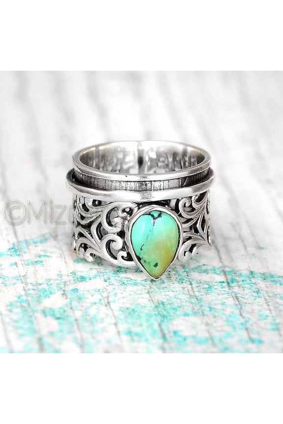 , Copper Turquoise Spinner Sterling Silver Band Ring, Genuine Gemstone Jewelry, Anxiety Spinning, Handmade Bohemian Funky Silver Thumb Fidget Ring, Pear Shape Gemstone Spinner Band, Dainty Ring