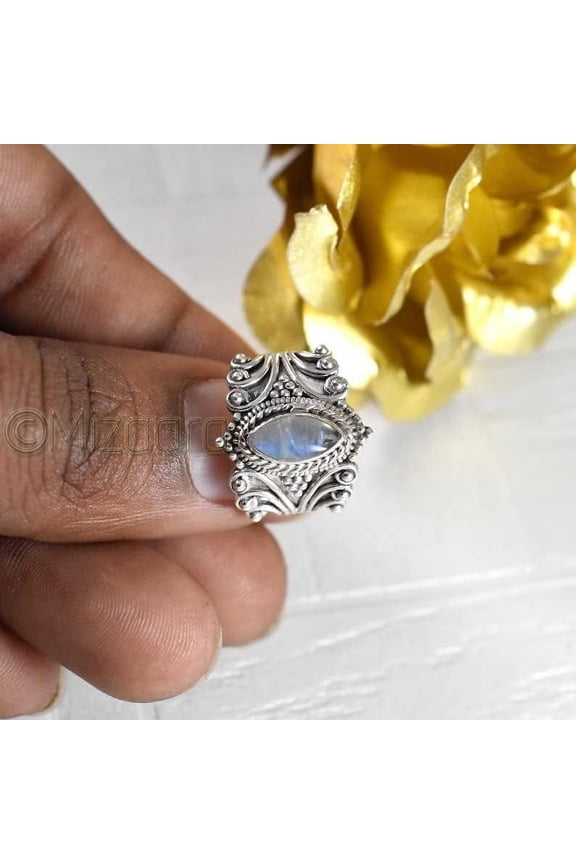 , Marquise Moonstone Ring, 925 Sterling Silver, Blue Moonstone, Bohemian, Gypsy, Women Statement, Boho Jewelry, Rainbow Moonstone Ring