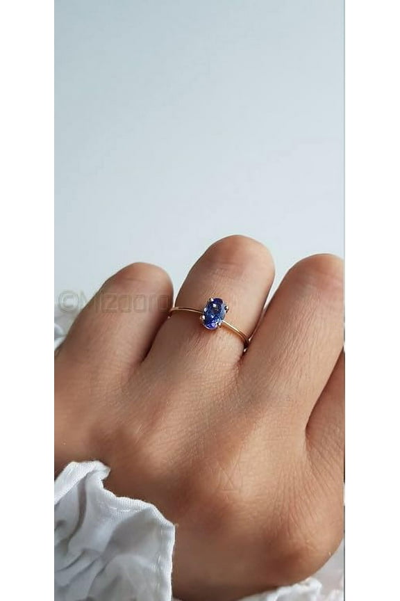 , Mizaara, Natural Tanzanite 925 Sterling Silver Ring, Promise Ring For Women Minimalistic Style Solitaire Ring, December Birthstone Ring, Handmade Statement Tiny Ring,