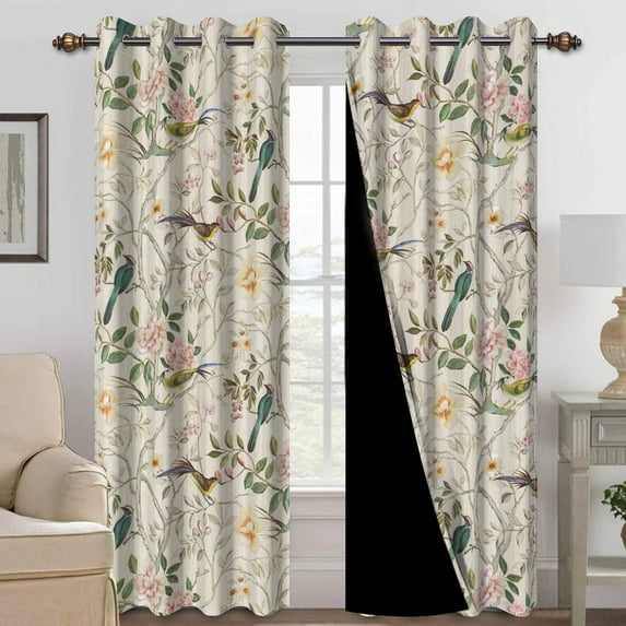 Mizhona Beige Blackout Curtain for Living Room Vintage Window Curtains Hummingbird Floral Curtains Set of 2,52"x96"