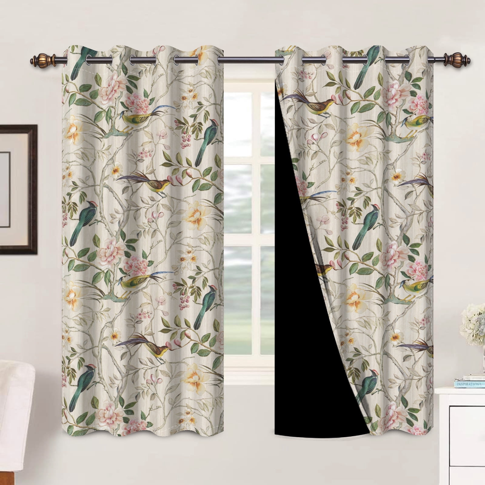 Mizhona Beige Blackout Curtains for Bedroom,Chinese Theme Birds Printed Room Darkening Curtains Set of 2,42"x63"