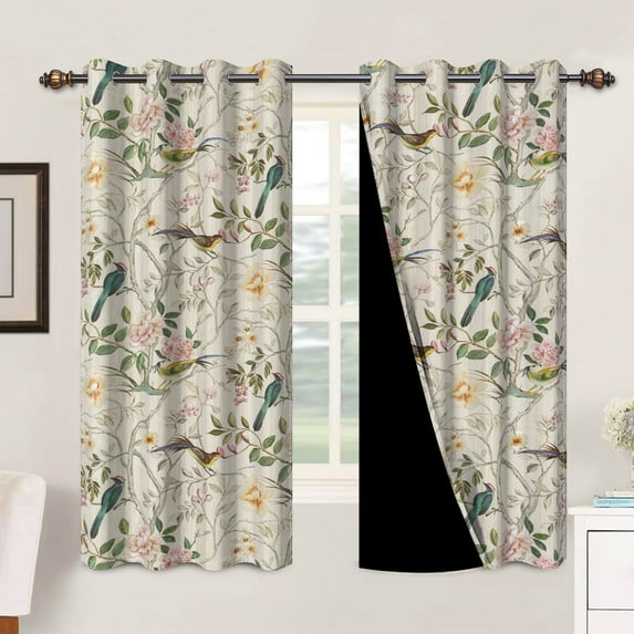 Mizhona Beige Blackout Curtains for Bedroom,Chinese Theme Birds Printed Room Darkening Curtains Set of 2,42"x63"