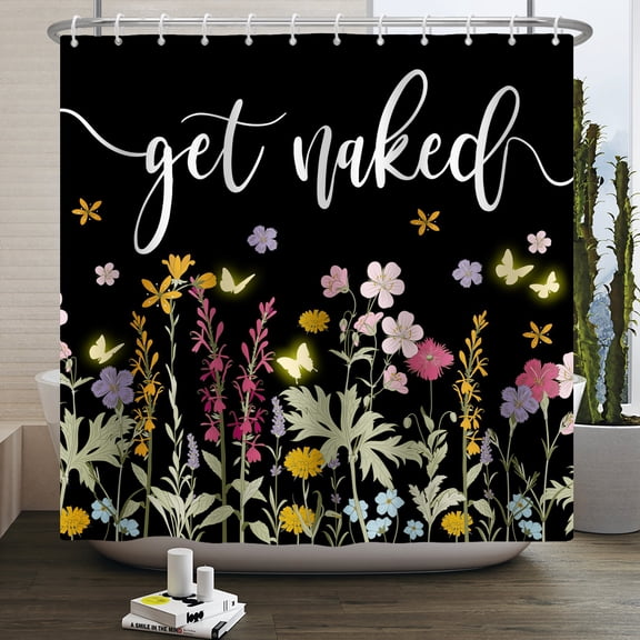 Mizhona Black Shower Curtain Colorful Floral Get Naked for Bathroom Waterproof Washable Modern Decor with Hooks 60"x72"