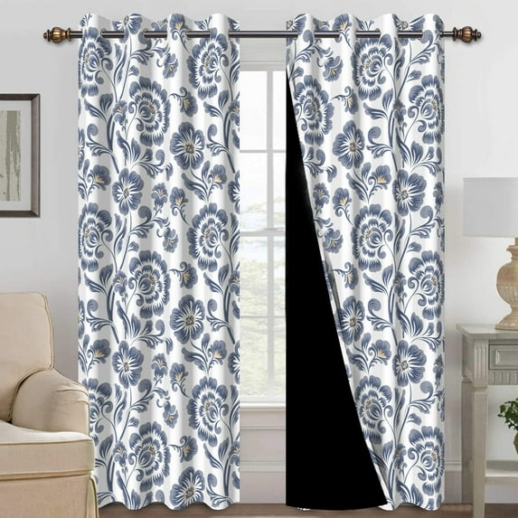 Mizhona Blackout Curtain for Living Room Vintage Window Curtains Blue Flower Curtains Set of 2,52"x84"