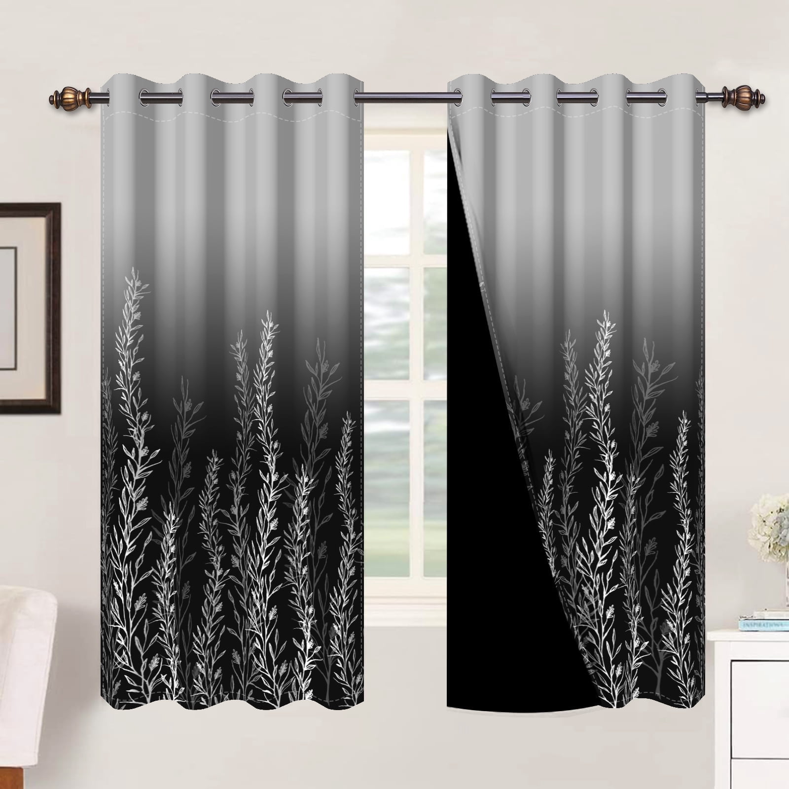 Mizhona Black Blackout Curtains Set of 2,63 inch length Gradient Printed Room Darkening Drapes Curtains for Bedroom Living Room