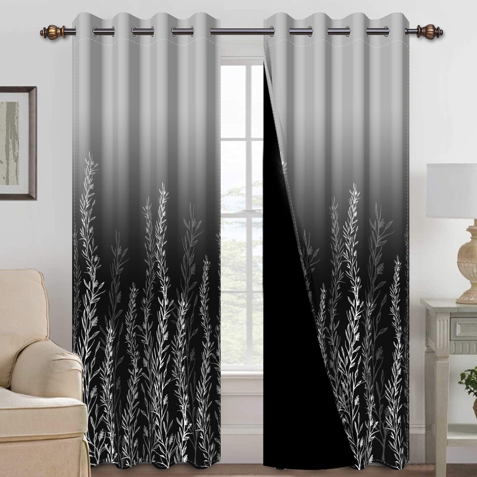 Mizhona Blackout Curtains for Bedroom,Black and Gray Gradient Printed ...